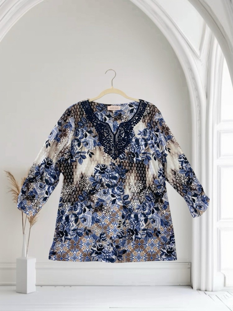 Allison Daley Floral Crochet V Neck Top Women’s Size Large Soft Brushed Knit