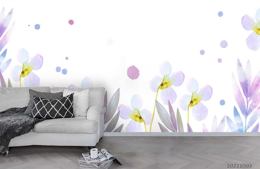 3D Watercolor Purple Floral Leaf Wall Murals Wallpaper Murals Wall Sticker