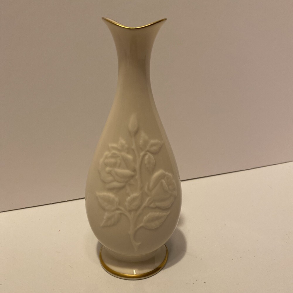 Lenox Stemmed Rose Pattern Bud Vase Gold Trimmed 7.5