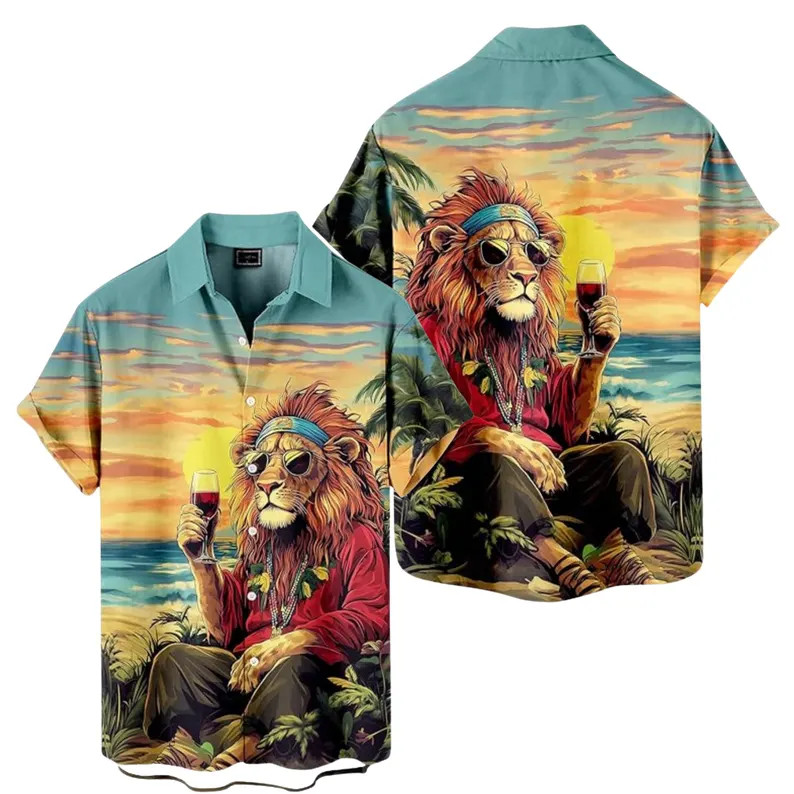 Lion Hawaiian Shirt Tropical Sunset Beach Aloha Summer Men's Casual