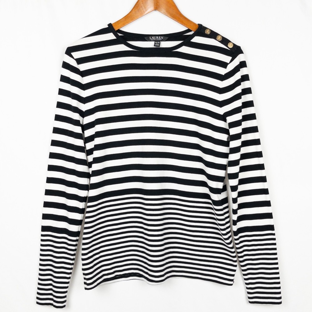 Lauren Ralph Lauren Womens XL Black White Breton Stripe Top Gold Button Nautical
