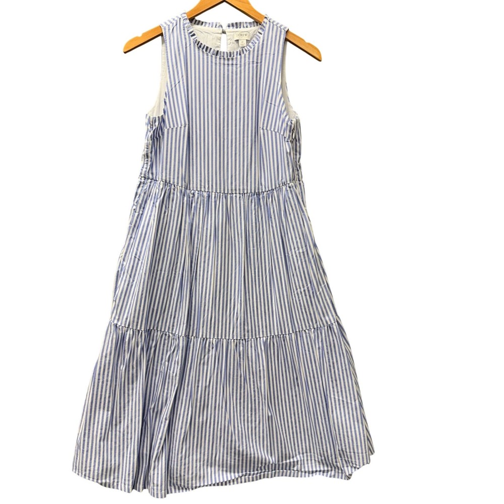 J Crew Dress Womens 0 Tiered Midi Cotton Poplin Blue Coastal Stripe + Pockets