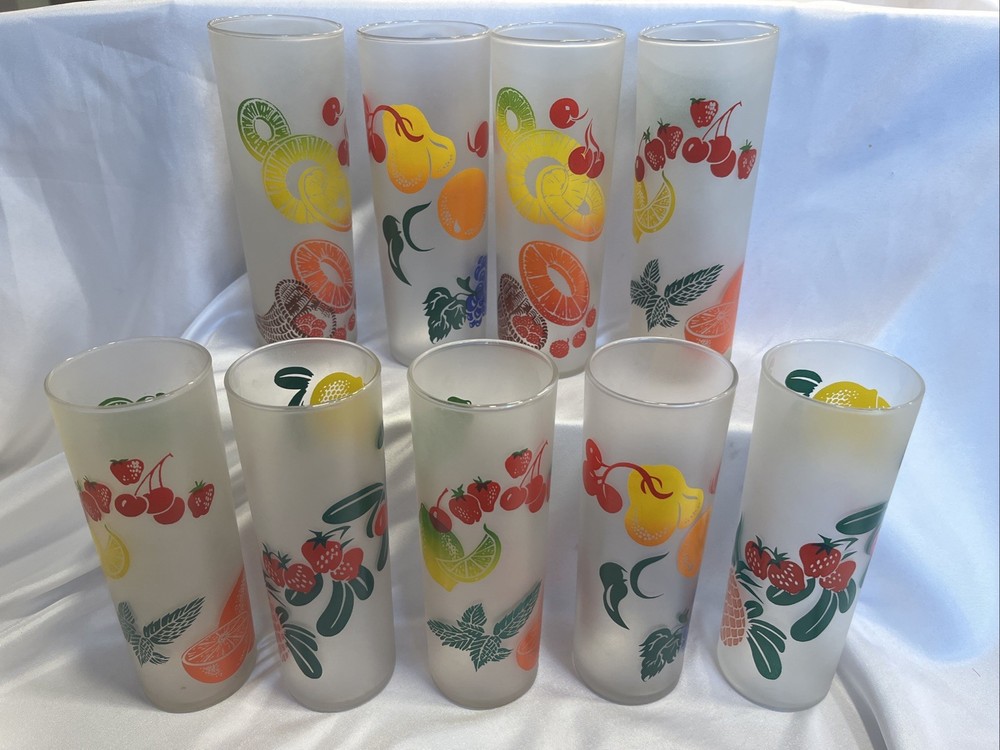 VTG Federal Glass Frosted 1950s Tom Collin’s Fruit Juice Glass Set Of 9