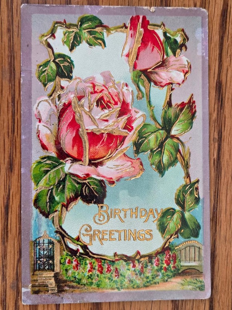 Antique Embossed Roses Birthday Greetings 1910  Post Card