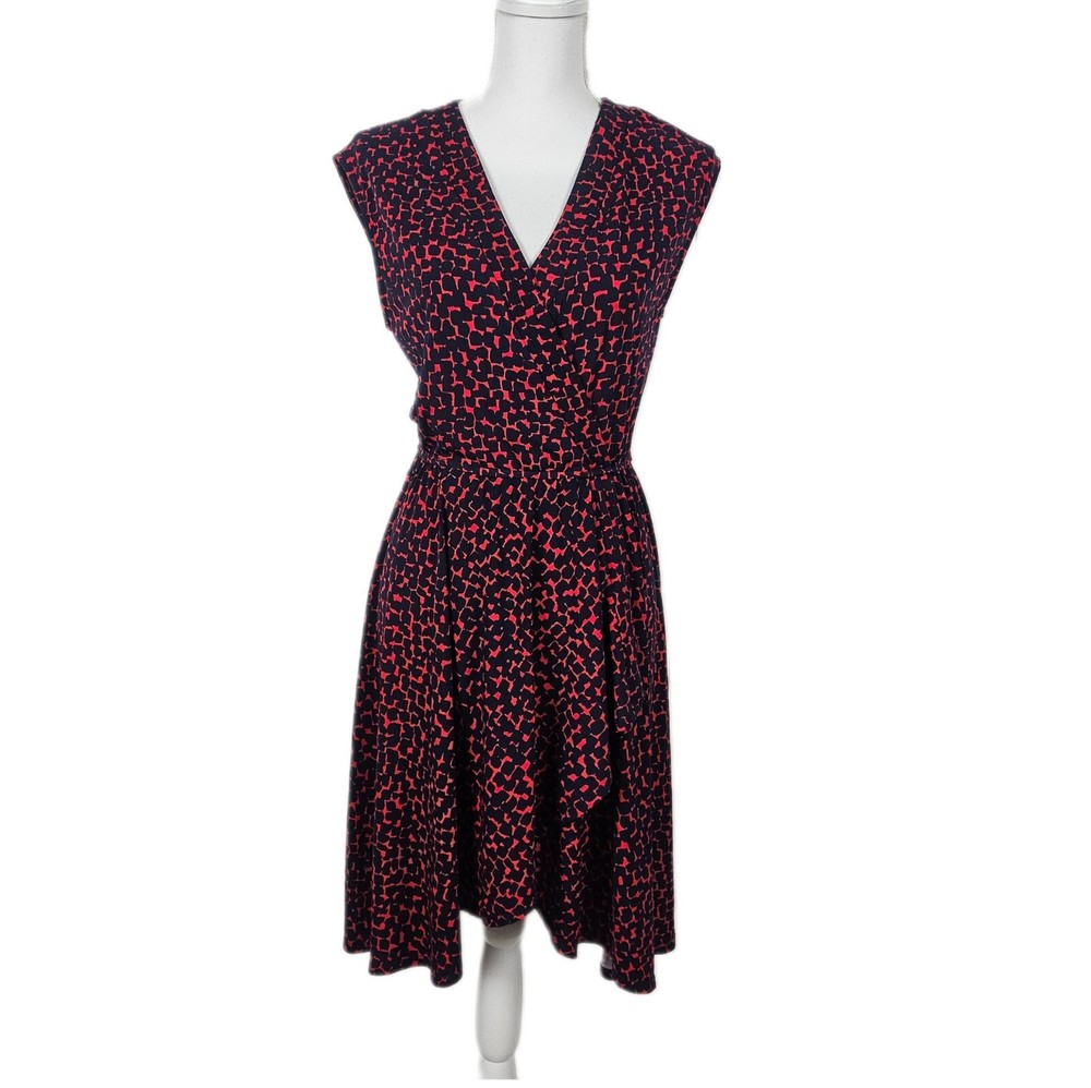 BCBG Maxazria Faux Wrap Dress Red Blue Small Stretch Sleeveless V-Neck Knee