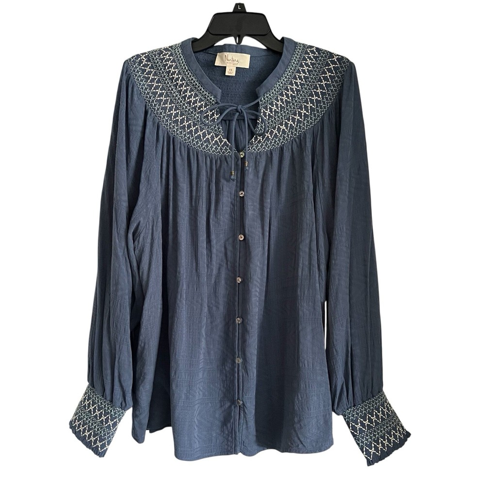Nurture By Westbound Button Front Top Women’s 3X Blue Embroidered Boho Western