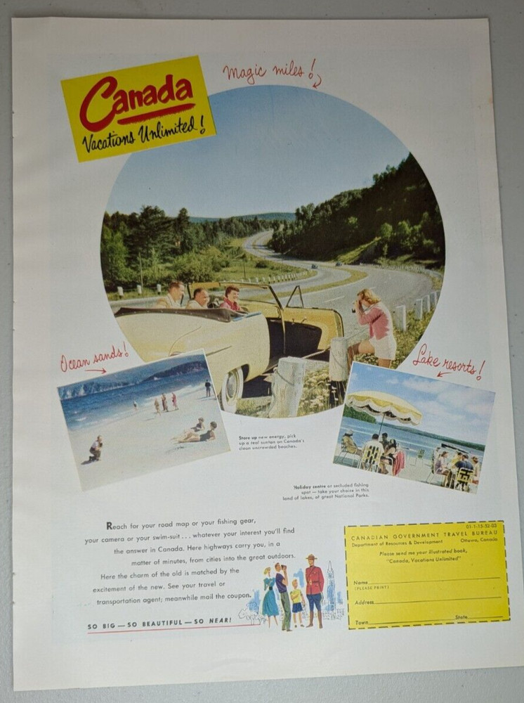 1952 Canada Vintage Print Ad Travel Bureau Vacation Holiday Outdoors Family Car