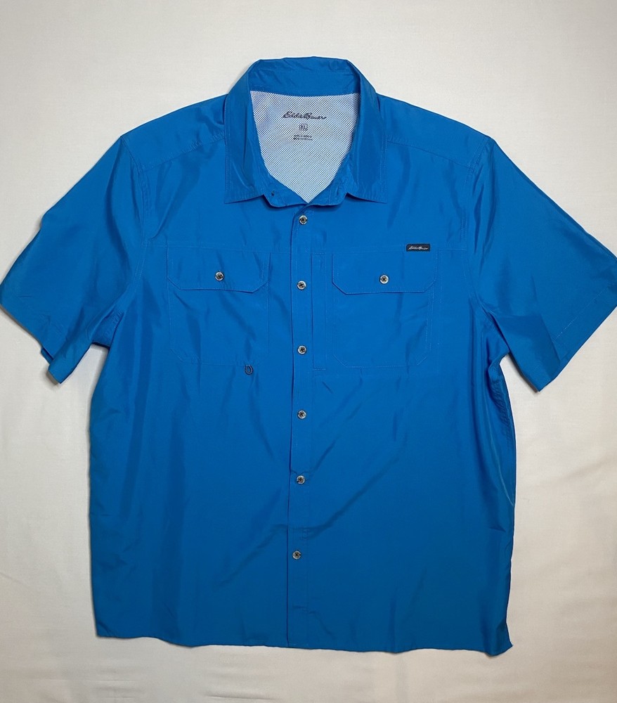 Eddie Bauer Mens XL Blue Fishing Tech Shirt - Vented Woven Button-Up