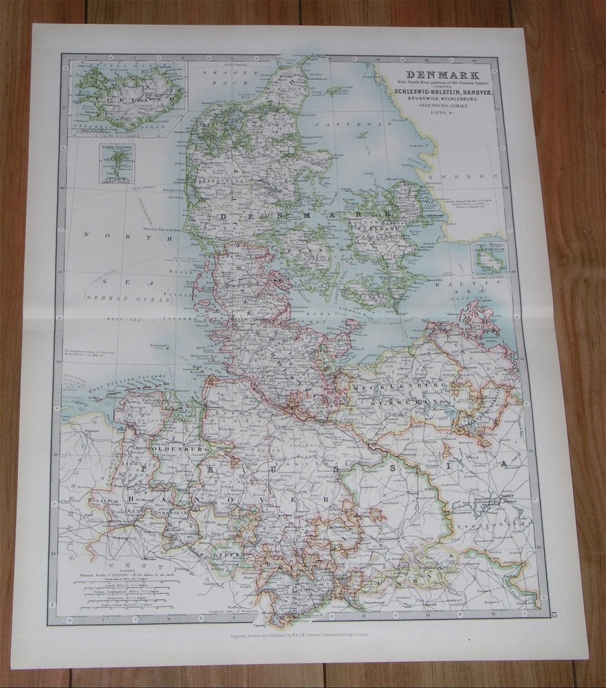 1907 Antique Map Of Denmark Schleswig Holstein Hamburg Mecklenburg Lower Saxony
