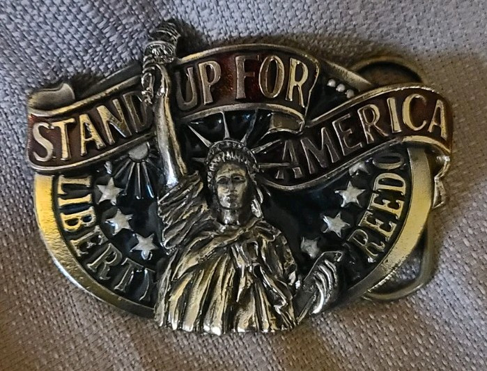 Vintage 1984 Stand Up For America Belt Buckle Liberty Freedom - Red White Blue