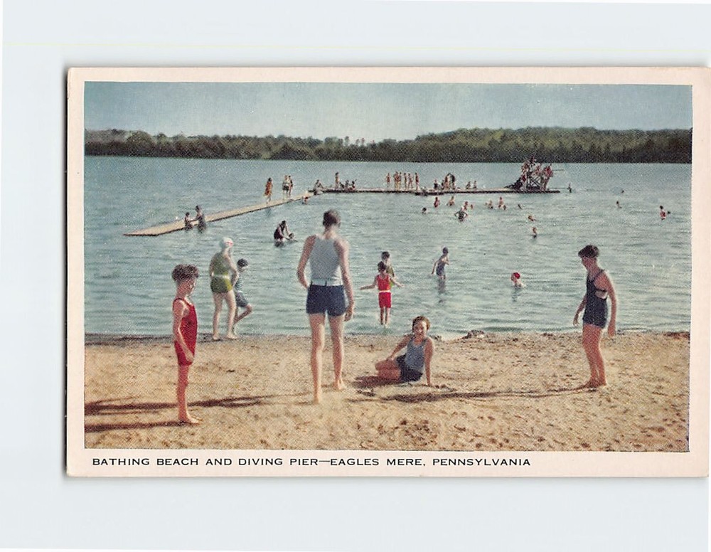 Postcard Bathing Beach & Diving Pier Eagles Mere Pennsylvania USA