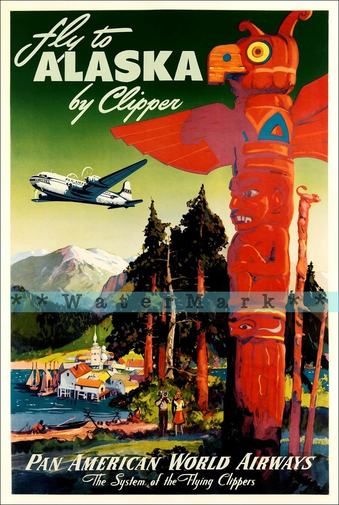 Vintage 1950 Alaska Pan Am Clipper Retro Airline Travel Poster