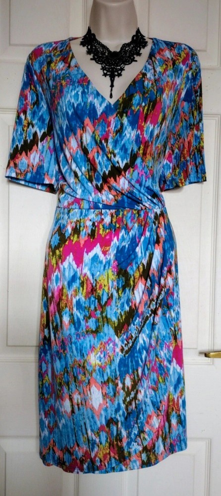 Lovely Vibrant Multicoloured Stretch Fabric Ruched Faux Wrap Dress Sz L- UK 18