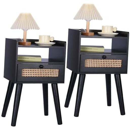 2-Piece Black Nightstand Set with Drawer and Open Shelf