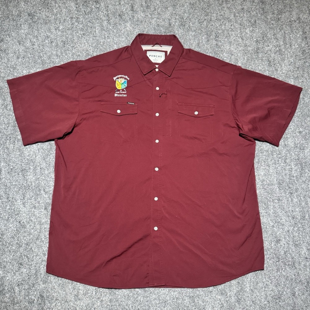 Poncho Western Snap Button Fishing Shirt Burgundy Regular Fit XL Logo Embroider