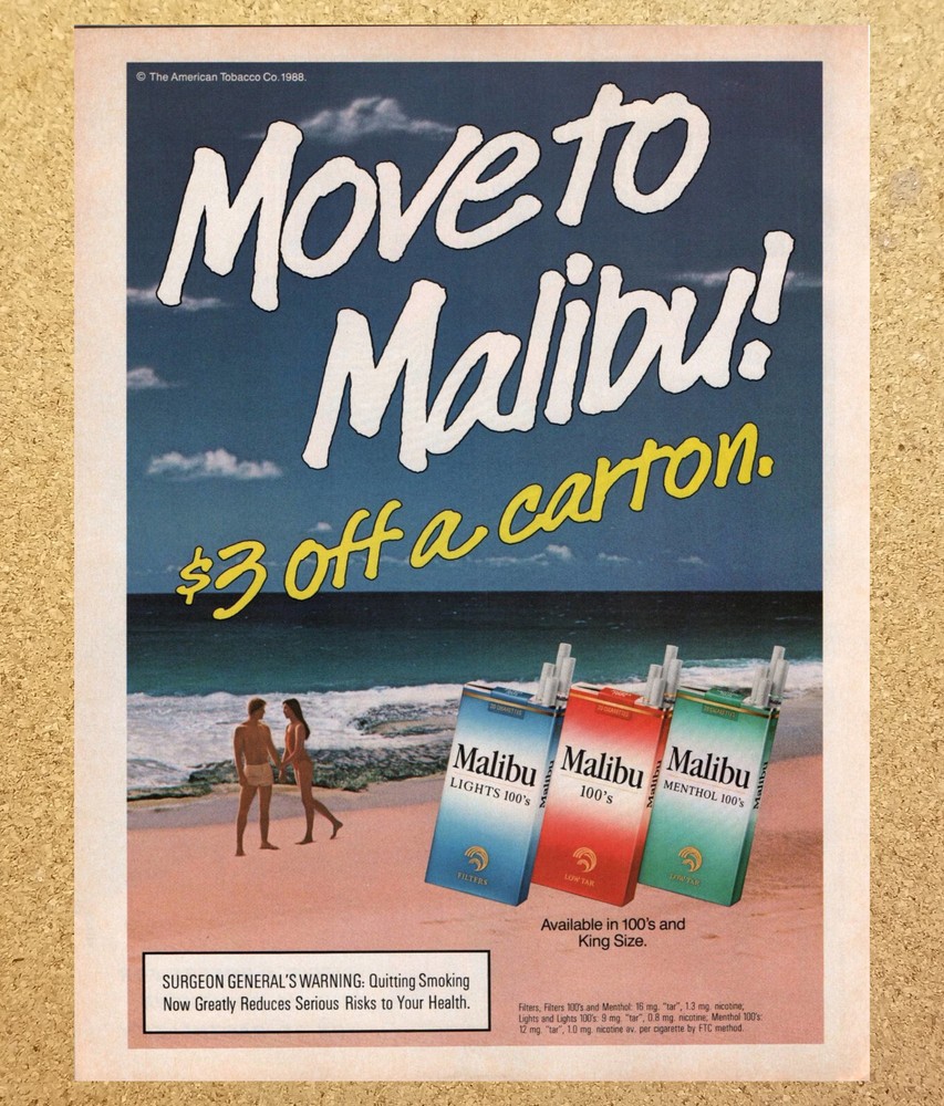 Malibu Cigarette Tobacco Move to Beach - Vintage Print Ad Ephemera Art 1989