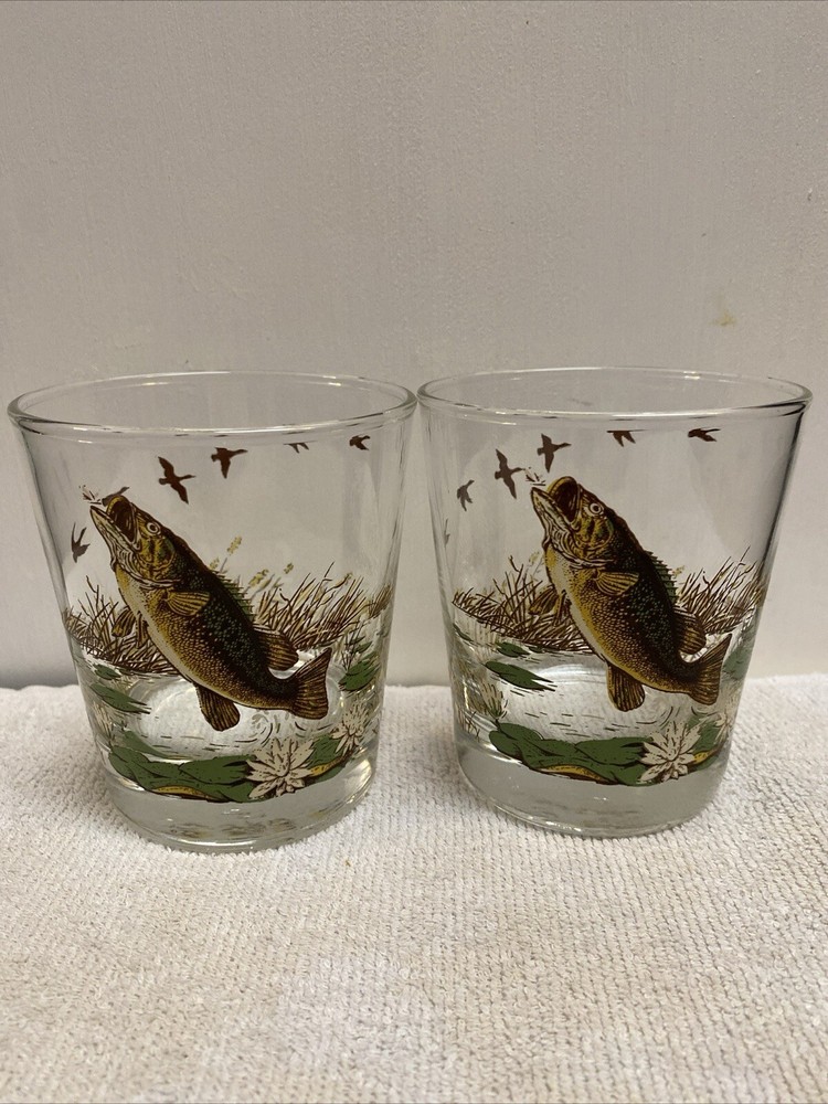 Whiskey Barware LARGE MOUTH BASS Fishing Highball Glasses Libbey Series 2 vintag