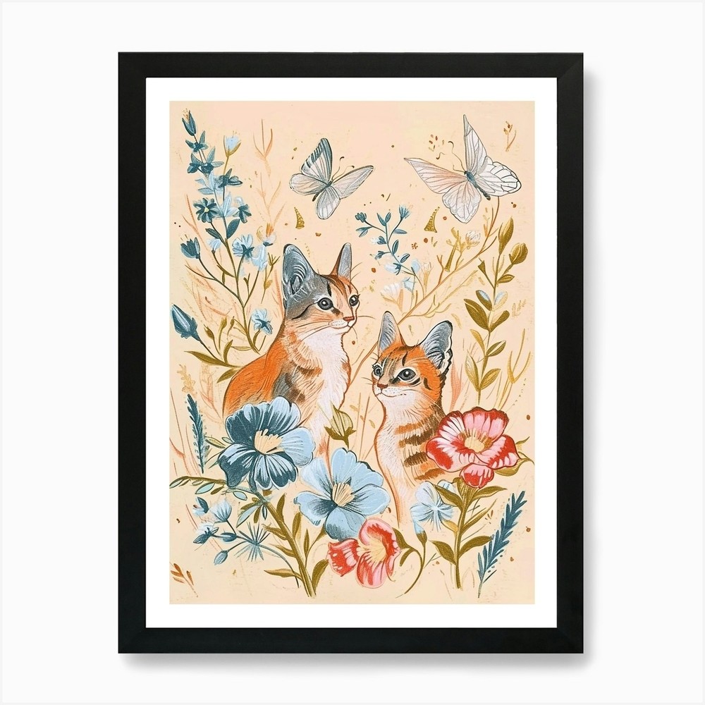 Folksy Floral Animal Drawing Cat 3  Framed Wall Art Poster Canvas Print Picture