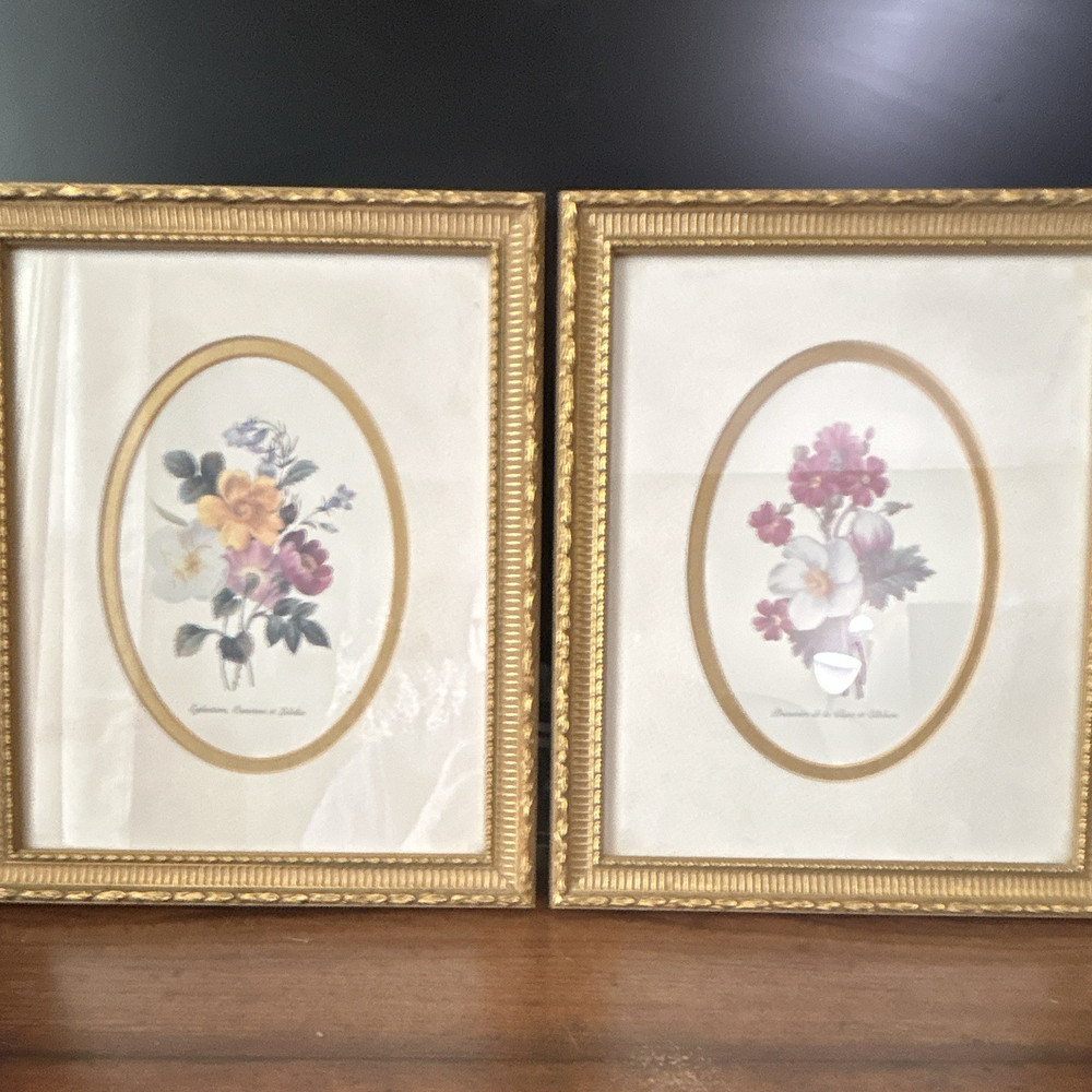 Set of 2 Floral Botanical Prints, Portrait, Matted & Framed, Vintage flower Art