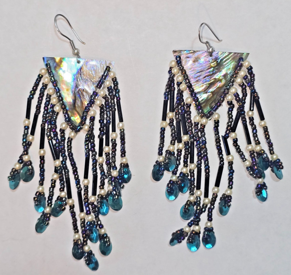 Vntg Mother Of Pearl Beaded Fringe Dangle Earrings Blue Boho Tribal Southwestern