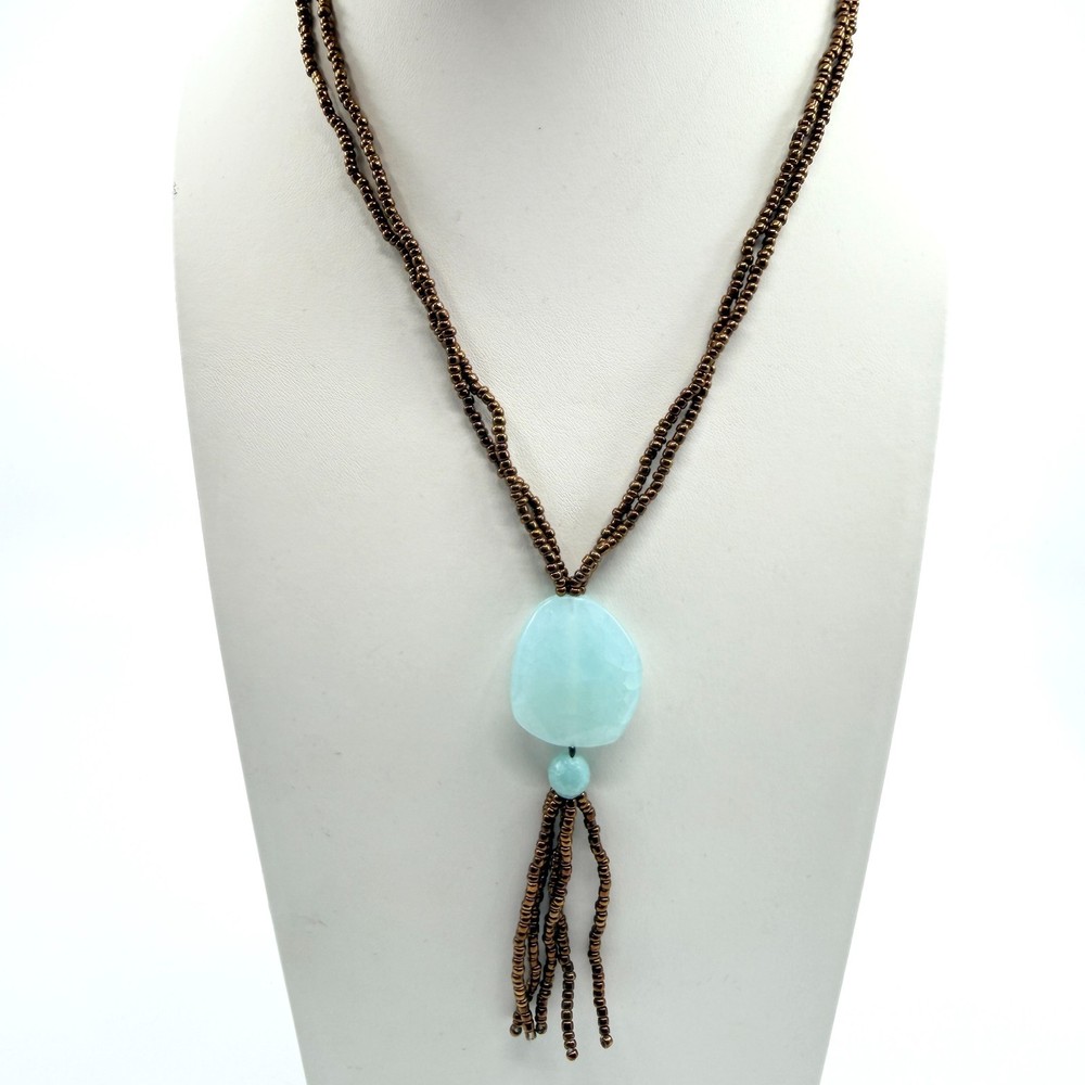 Vintage Multi Strand Bronze Tone Seed Bead Necklace Light Blue Quartz Tassel