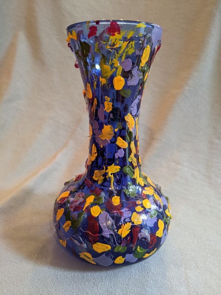 Illusion Cobalt Glass Vase with Impasto Resin Abstract Art-image