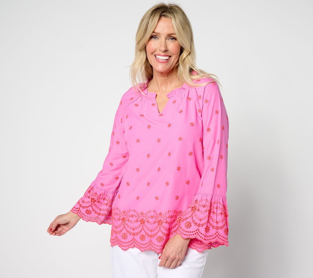 Belle by Kim Gravel Women's Top Sz XL Daisy Pop Embroidered Blouse Pink A646302