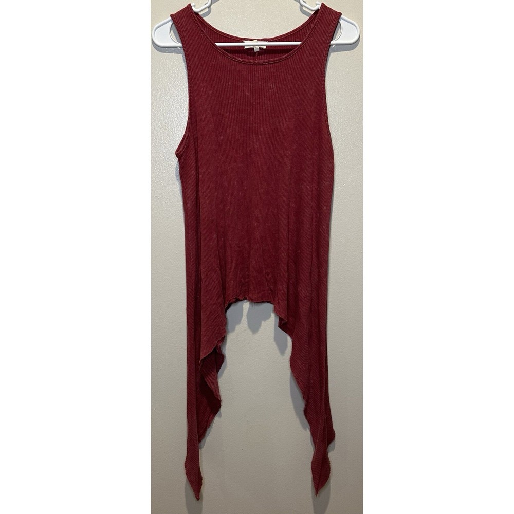 Gilded Intent Red Stone Wash Ribbed Shark Bite Hem Tank Top Size Small
