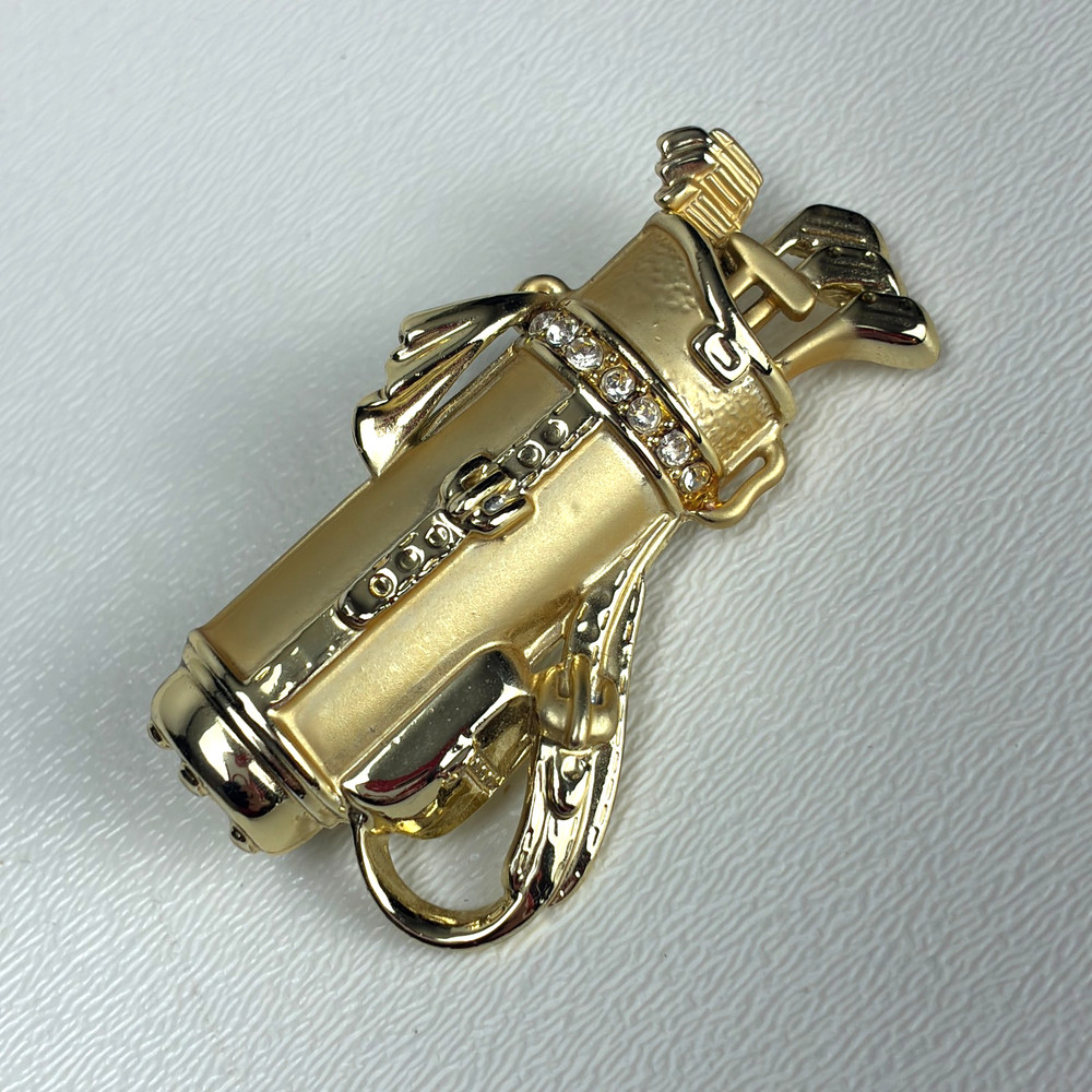 AJC Golf Bag Brooch Gold Tone Rhinestone Clubs Pin Vintage 2.25