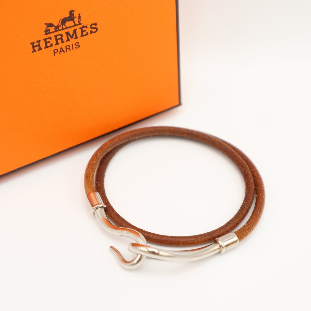 Hermes Jumbo Breath Double Wrap Bracelet Silver x Brown Leather Accessory Used