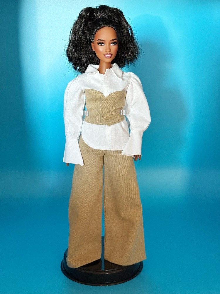 Hand-sewn White Top With Corset And Khaki Pants Set For Barbie Doll ( Curvy )