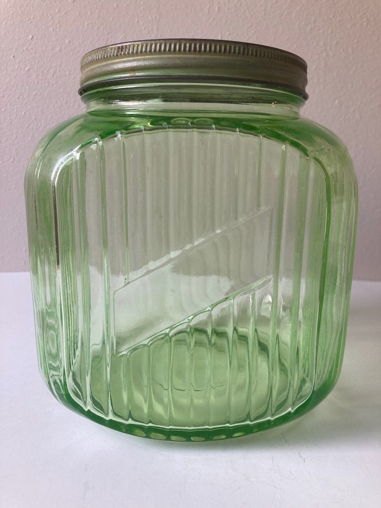 Vintage Cookie Canister Jar - Ribbed Green Depression Uranium Glass