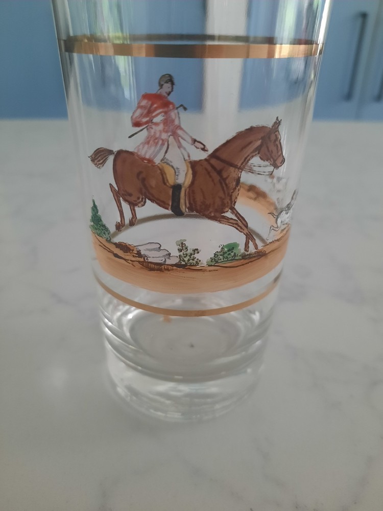 Set of 5  Vintage Barware Highball Glasses Horse Fox Hunting Barware Gold Rim