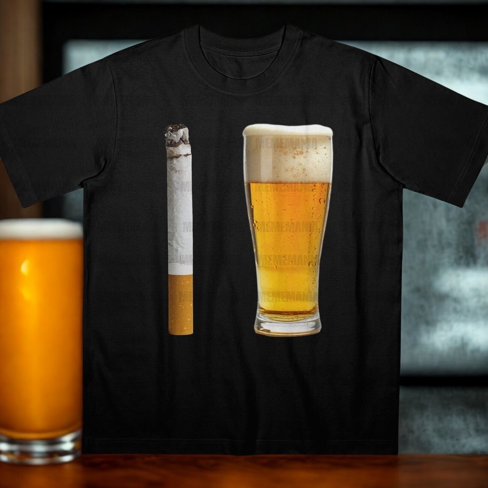 Funny Cigarette & Beer Graphic T-Shirt Drinking Humor Tee