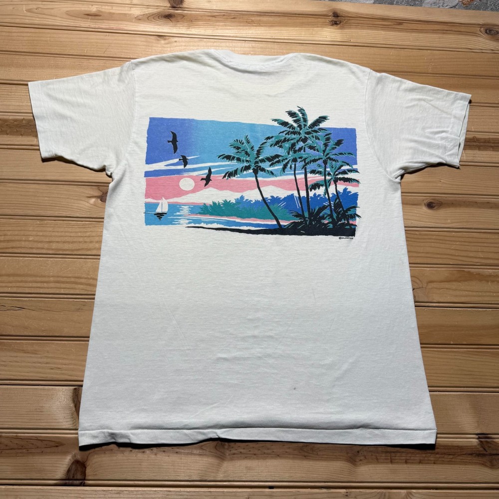 Vintage 1988 Beach Tropical Summer Vacation Palm Tree Graphic T-Shirt USA Large