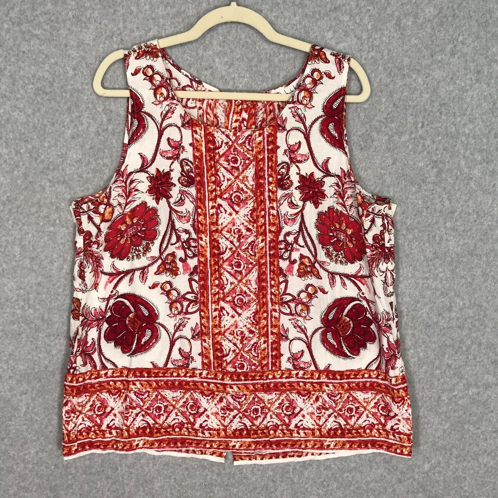 Nicole Miller Womens Large Red Floral Boho Western Button Tank Top