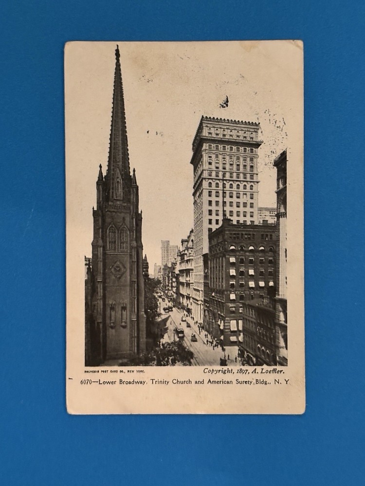 New York City 1897 UDB Postcard LOWER BROADWAY Trinity Church American Surety