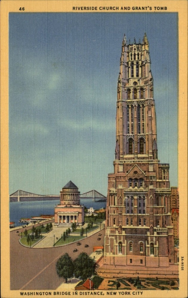 New York City New York Riverside Church Grant's Tomb vintage linen postcard