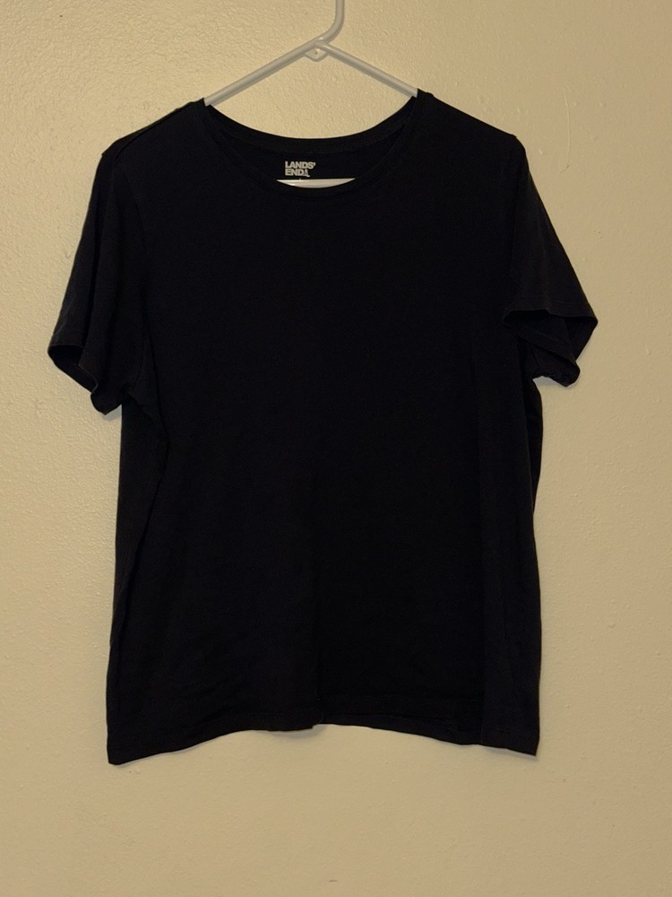 Lands' End Black Cotton Knit Crew Neck Short Sleeve T-Shirt Women 14-16