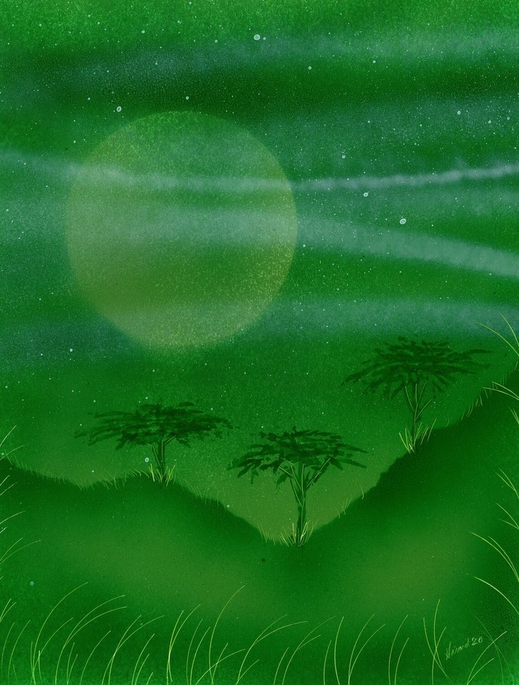 Art Original Green Landscape at Night with Trees on Hill by artist Jason Girard.