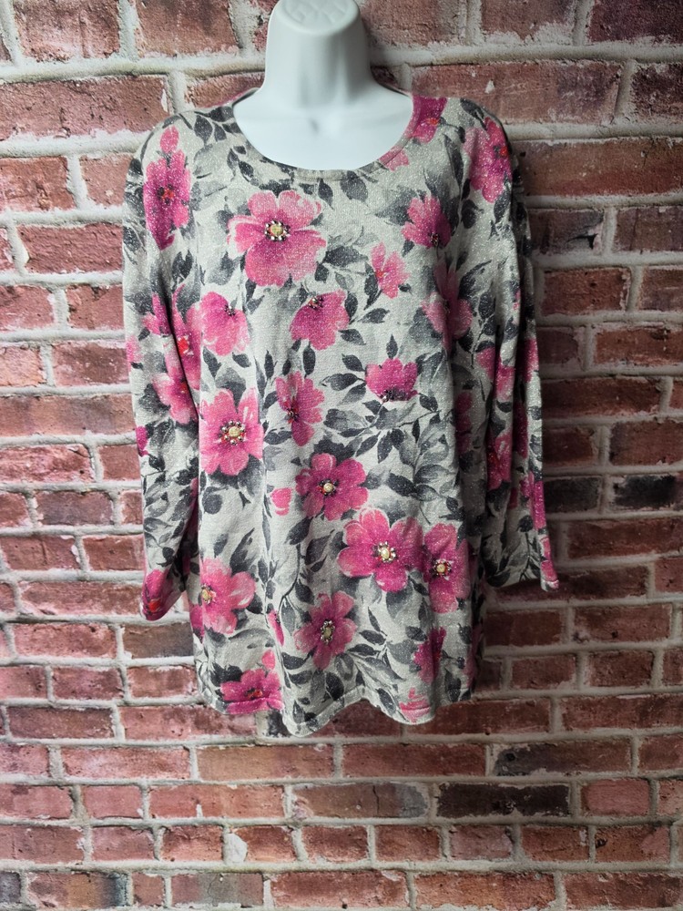 Women's ALFRED DUNNER Vintage Floral Rhinestone Embellished Knit Top Size 2X