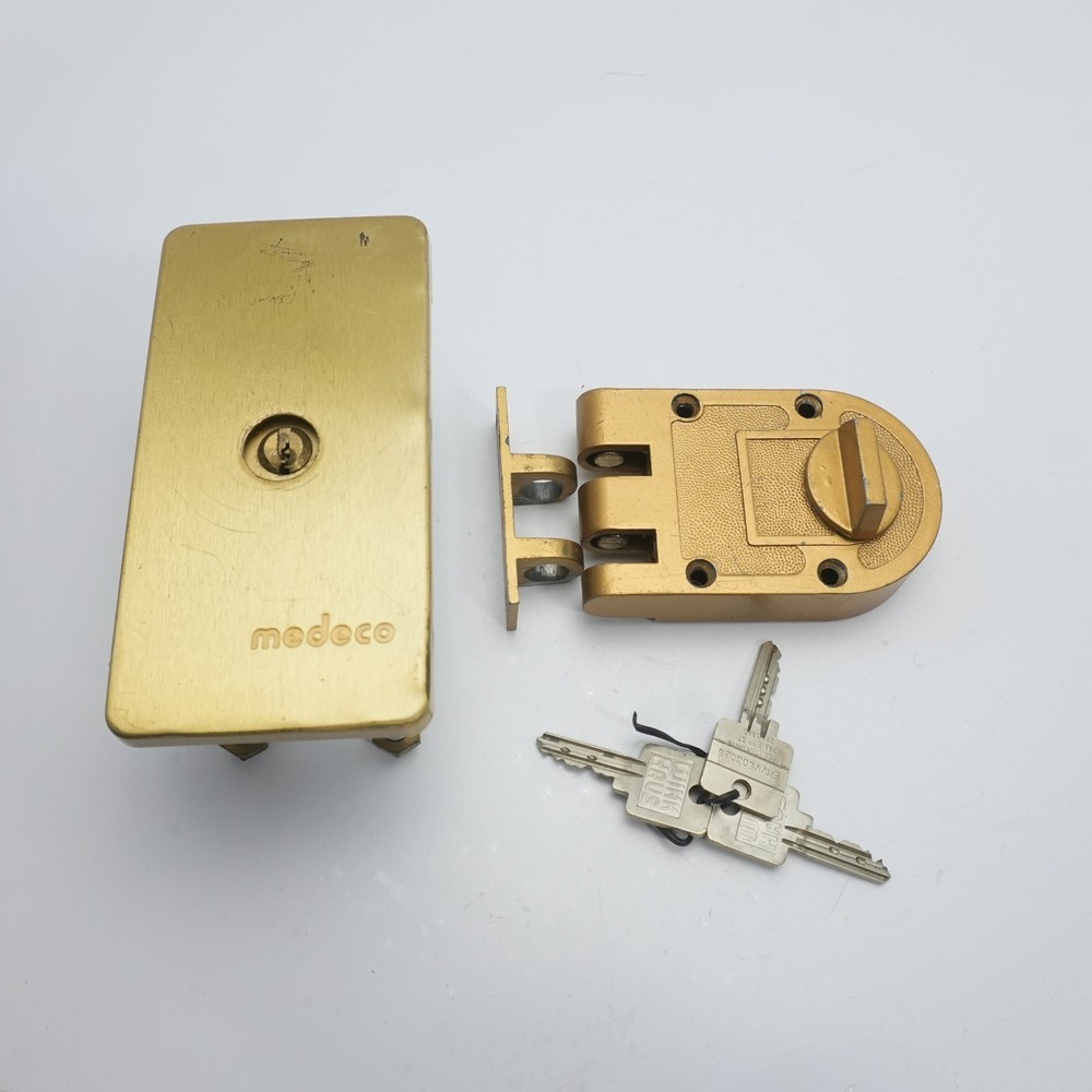 Vintage Medeco Latch 2 Cylinders 3 Keys Brass / Bronze Lock Jimmy Proof MCM Deco