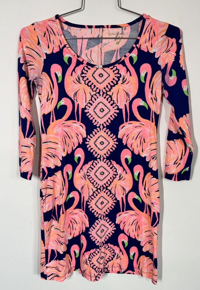 Lilly Pulitzer Beacon Navy and Pink Gimme Some Leg Flamingo Shift Dress Size XS