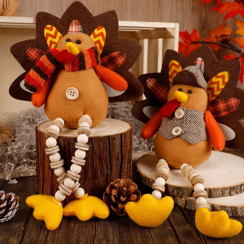 Thanksgiving Decoration Turkey Couple Figure with Dangling Legs Tabletop Decor 2-Pack  