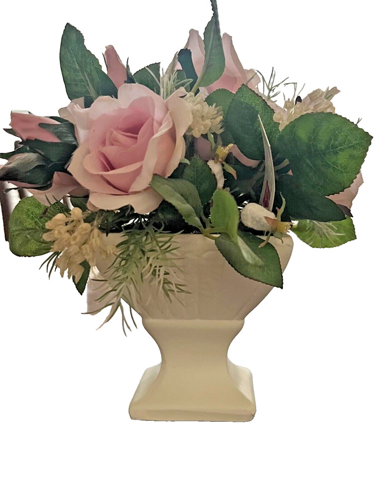 6 Silk Pink Roses Faux Floral Ceramic Vase Home Accessory Gift Table Top