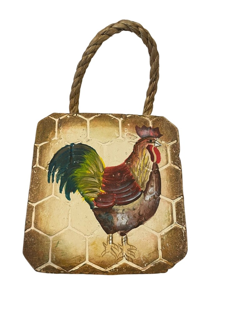 Vintage Rooster Painted Wall Hanging Tiles Country Folk Art Farmhouse