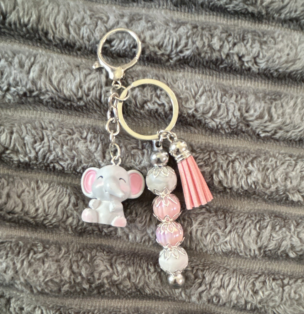 Pink White Silver Metal Elephant Charm Beaded Tassel Keychain Detachable Keyring