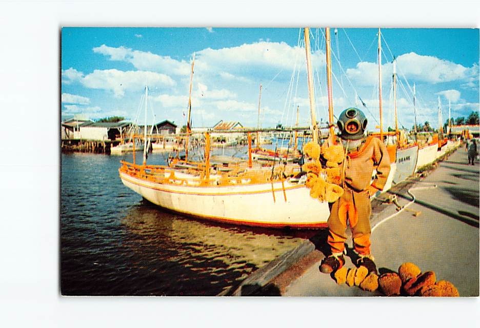 Postcard Sponge Diver & Sponge Boats in Tarpon Springs Florida USA
