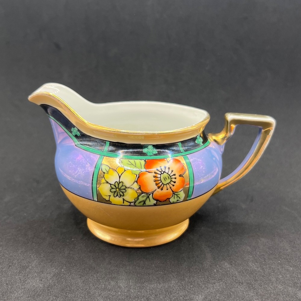 Vintage Japanese Lusterware Creamer Blue Iridescent Hand Painted Art Deco