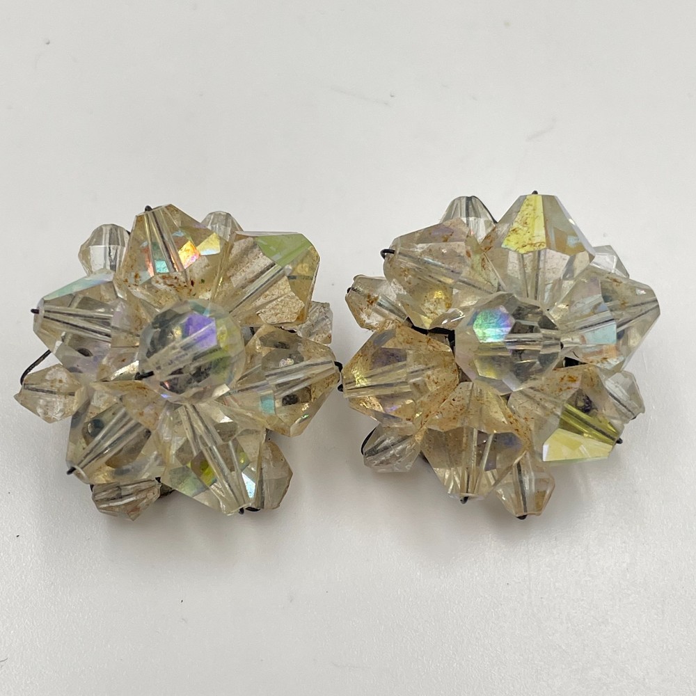 Vintage Retro Aurora Borealis Crystal Cluster Clip On Earrings Iridescent